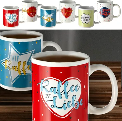 Produktbild von Becher 'Sprüche' 6er Set 300 ml Steinzeug 12,5x9,5x8cm weiß Henkeltasse Kaffeebecher Tasse Aufdruck 6 Motive