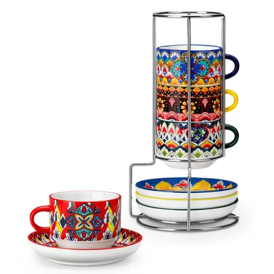 Produktbild von VANCASSO 6-tlg Tassen Set, Porzellan Kaffeetasse Set, Becher mit Unterteller, Metallständer, 270ml, Boho-Stil