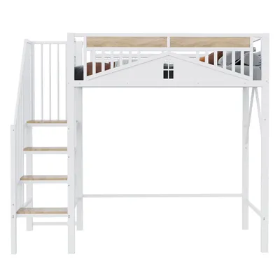 Produktbild von Flieks Etagenbett 90x200cm mit Treppe, Hochbett mit Rausfallschutz, Kinderbett mit Lattenrost, Metallbett Einzelbett Stockbett, Weiß