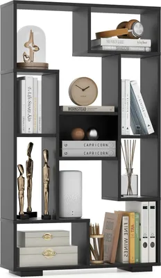 Image de COSTWAY 120cm Bibliothèque, Étagère sur pied, Étagère polyvalente en bois, Étagère de rangement avec 9 compartiments, anti-basculement, Noir