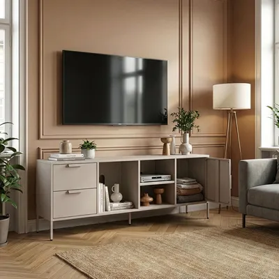 Produktbild von Fernsehschrank ‘Kliri’ mit 2 Schubladen und 1 Tür Stahl 150 x 35 x 58 cm Kamelfarben