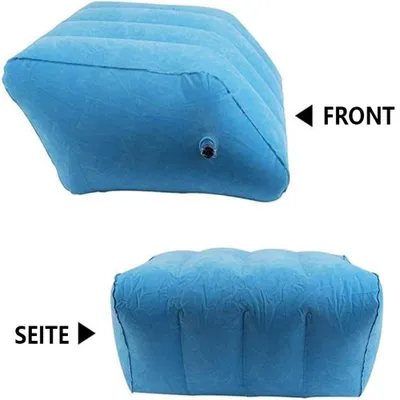 Two views of a blue inflatable leg rest pillow against a white background.