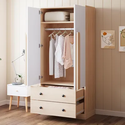 Produktbild von Flieks Kleiderschrank Garderoben mit 2 Schubladen und 2 Türen, Garderobenschrank Kleiderschrank mit Stange und Staufach, 70x40x170cm, Naturbelassen