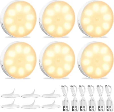 Produktbild von LED Nachtlicht mit Bewegungsmelder 6 Stück Auto EIN/AUS Nachtlicht USB Aufladbar 3 Modi Magnet Lampe für Treppenbe Flur Schlafzimmer Schrank