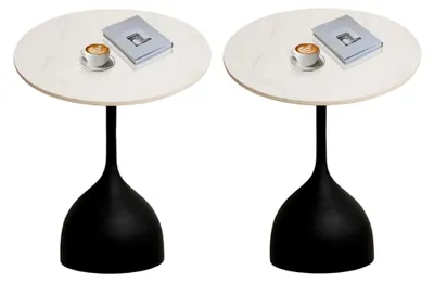 Produktbild von Beistelltisch aus Marmor, moderner schwarzer Metallbeistelltisch, kleiner runder Sofatisch für das Wohnzimmer