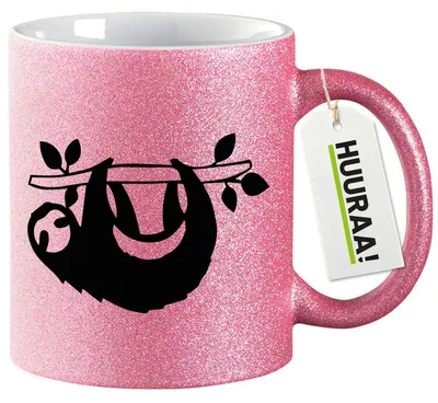 Produktbild von Huuraa Glitzertasse Faultier Silhouette 330ml Pink Keramik Kaffeebecher Geschenkidee