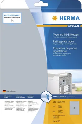 Produktbild von HERMA Typenschildetiketten A4 silb. 210x297 mm Folie  10 St.