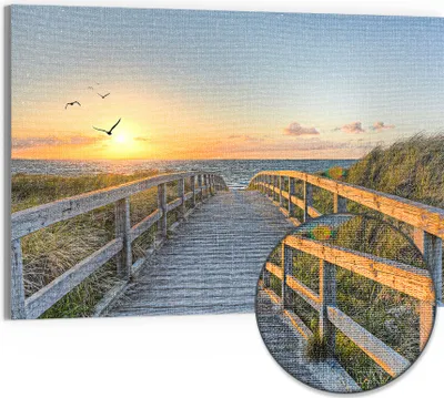 Produktbild von DEQORI Hybrid Leinwand Bild 90x60 cm 'Dünenweg zum Meer' Wandbild Glas flach modern