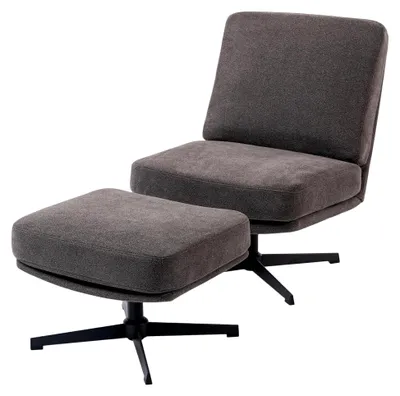 Produktbild von Drehbarer Sessel mit Hocker in Leinenoptik, Breiter Sitz, Moderner Relaxsessel, Polstersessel für Wohnzimmer und Schlafzimmer, Dunkelgrau