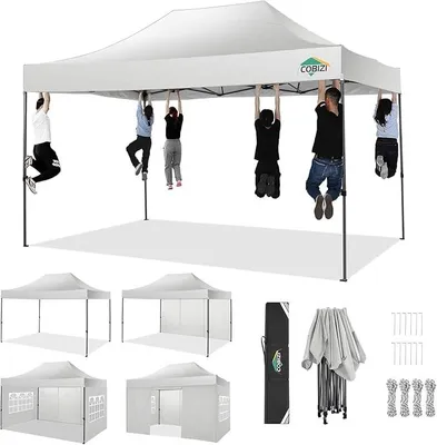 Obrázok produktu pre 3x4,5 m, skladací pavilón, vodotesný, stabilný, odolný voči zimným podmienkam, záhradný pavilón s UV ochranou a 4 bočnými panelmi, stanovisko pre festivaly a párty, ochrana pred slnkom, biela farba