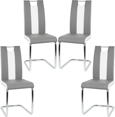 Produktbild von 4er set Esszimmerstühle Freischwinger Küchenstuhl, Polsterstuhl, Stuhl Esszimmer Kunstleder Weiß+Grau