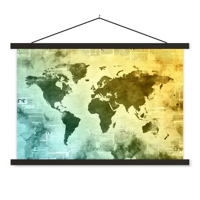 Produktbild von MuchoWow® Textilposter Weltkarte - Blau - Gelb 120x80 cm mit schwarzem Rahmen - Wanddeko