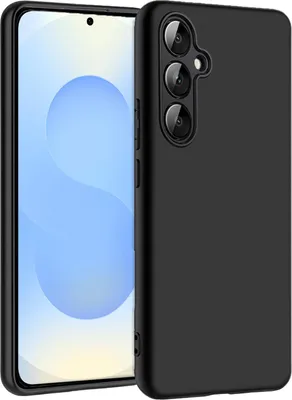 A black phone case is shown on a white background, with the phone inside it.