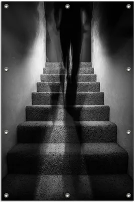 Produktbild von Wallario Outdoor-Poster für Garten oder Balkon, Motiv Mysteriöse Treppe mit Schattenfigur - Schwarzweiß, in ca. 80 x 120 cm