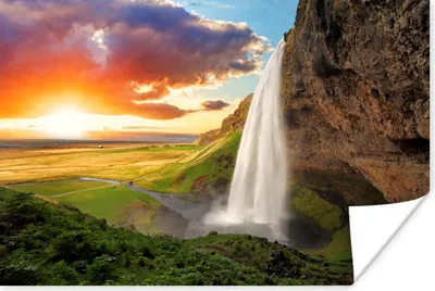 Produktbild von MuchoWow® Poster Wasserfall - Felsen - Sonnenuntergang - Berge - Orange 120x80 cm - Bilder