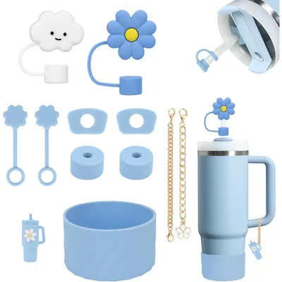 Productafbeelding van Bekeraccessoires: anti-lek bescherming, rietje, bevestigingsclip, siliconen hoes, blauw