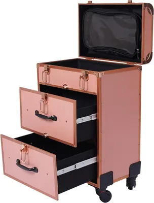 Produktbild von Kosmetikkoffer Trolley Professionell Make Up Koffer Mit Schubladen und Schloss Schminkkoffer Groß mit Rollen 360° Drehbar Nägel Koffer Friseurkoffer 36x23x58cm (Roségold)