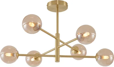 Produktbild von QAZQA - Moderne Deckenleuchte I Deckenlampe I Lampe I Leuchte Messing mit bernsteinfarbenem Glas 6-flammig - Ryan I Wohnzimmer I Schlafzimmer - Metall Kugel I Kugelförmig I Länglich - LED geeignet G9