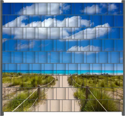 Produktbild von Wallario Zaunsichtschutz mit Motiv Sandweg zum blauen Meer mit blauem Himmel für Ein- und Doppelstabmatten Zäune in der Größe 200 x 180 cm