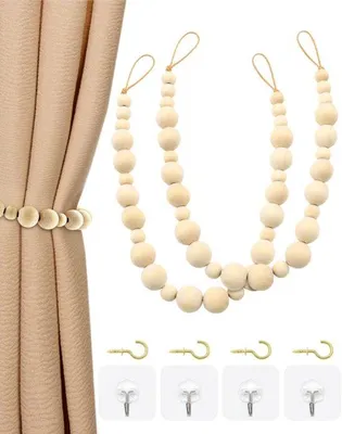 Produktbild von Unyqoos® Gardinen-Embrasse – 2er Set Holzperlen-Raffhalter 53 cm, Beige, mit 4 Haken & Hanfseil, dekorativer Gardinenhalter für Tüll-, Voile- und Baumwollgardinen, Büro & Zuhause