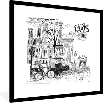 Produktbild von MuchoWow® Gerahmtes Poster Paris - Zeichnung - Schwarz 40x40 cm - Poster mit Schwarzem Bilderrahmen Wandposter Rahmen Foto Bilder - Poster - Plakat im Rahmen