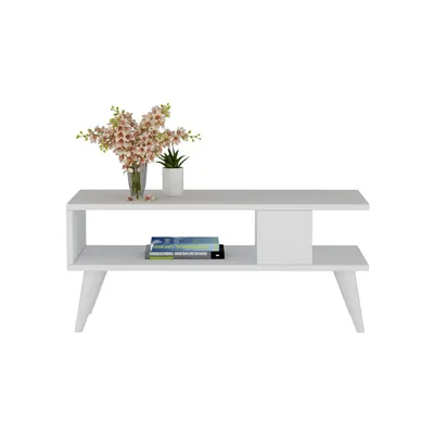 A white coffee table with a vase of flowers and books on it, set against a white background.