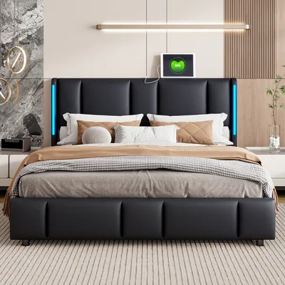 Produktbild von Hydraulisch Stauraumbett 160×200cm, Polsterbett Doppelbett mit LED und USB-Ladefunktion, Funktionsbett Bettgestell mit Stauraum und Lattenrost, PU, Schwarz