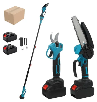 Image de Taille-haie 3-en-1 - Kit de taille sans fil - Tige télescopique de 2 m - Sécateur électrique de 25 mm - Mini-tronçonneuse de 15 cm - 2 batteries