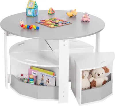 Produktbild von YORBAY Kindersitzgruppe mit Stauraum, Kindertisch mit 4 Stühlen, Runder Tisch(Grau)