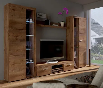 A modern living room with a TV unit and cabinets.