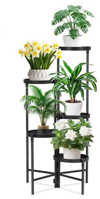 Produktbild von 5-stöckiger Pflanzenständer aus Metall, Blumenständer, Pflanzenregal für drinnen und draußen, mehrstöckiger Blumenständer, schwarz