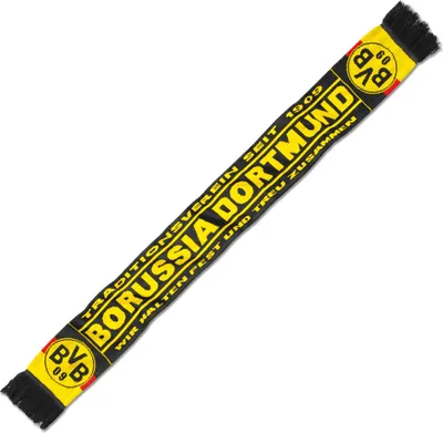 A black and yellow Borussia Dortmund scarf is displayed diagonally on a white background.
