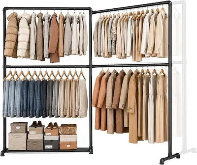 Productafbeelding van Zware kledingrek met vier kledingstangen, ruimtebesparend hoekrek met 360° draaibare zijarmen en een onderhoudsplaat, draagvermogen 150 kg (zwart)