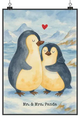 Produktbild von Mr. & Mrs. Panda Bild Pinguin umarmen Design DIN A2 - Weiß - Geschenk, Wandbild, Liebe, Verknallt, Hochzeitstag, Kunstdruck, Umarmung Verliebt, wanddeko, Plakat, drucke
