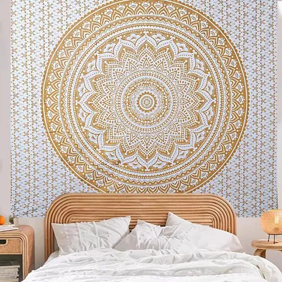Productafbeelding van Indiaas Wandtapijt - Bohemien Mandala - Kamer Decoratie - Handmatig Bedrukt Ontwerp - 213 x 228 cm - Blauw