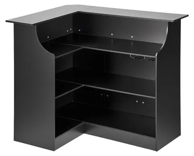 Produktbild von SucceBuy L-förmige Hausbar mit Stauraum, Bartheke mit 4 Ebenen und Glashalter, belastbar bis 136 kg, Eck-Bartresen aus Holzwerkstoff für Küche, Wohnzimmer oder Keller, Bartisch 130 x 100 x 112 cm in Schwarz