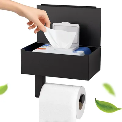 Produktbild von Toilettenpapierhalter Schwarz 1 Stück, Edelstahl Klorollenhalter Ohne Bohren Mit Feuchttücherbox Halterung Für Badezimmer