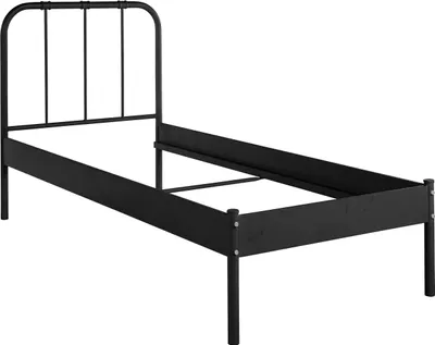 A black metal bed frame, shown from a slight angle.