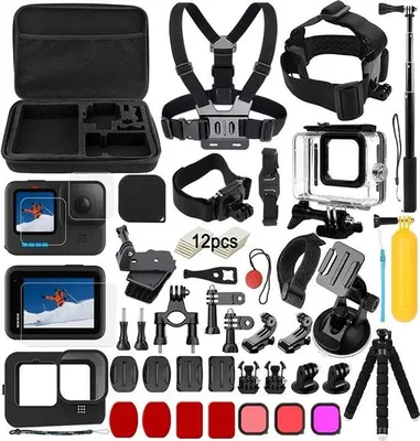 Immagine prodotto di Set di accessori impermeabili per action cam, 54 pezzi, comprensivo di custodia e cinturino