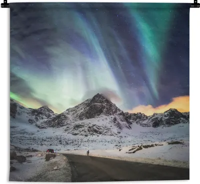 Produktbild von MuchoWow® Wandteppich Wandbehang Nordlichter - Schnee - Berge 90x90 cm Tapisserie Dekoration Wandtuch - Wandaufhänger