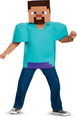 A child wearing a Steve Minecraft costume.