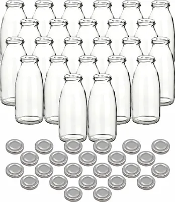 Produktbild von gouveo 24er Set Saftflasche 250 ml mit Schraubdeckel silberfarben - Kleine Glasflasche 0,25 l mit TO43 Verschluss zum Befüllen für Küche und Haushalt