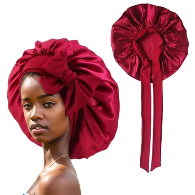 Produktbild von Damen Satin Schlafhaube verstellbar weich für Haarpflege Weinrot