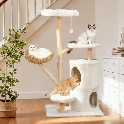 Produktbild von WISFOR Katzenkratzbaum 136cm hoch, mehrstufig Katzenbaum mit Korb Spielball beige