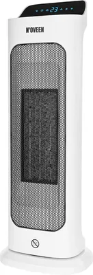 A white ceramic heater with a black grille and digital display.