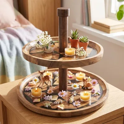 Produktbild von Etagere "Akazie" aus Holz 2 Etagen, mit Griff, Servierplatte für Obst & Gebäck, Cupcake Ständer