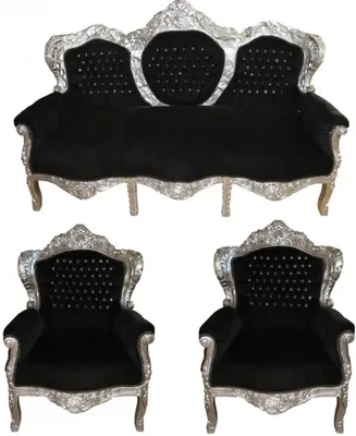 Produktbild von Casa Padrino Barock Wohnzimmer Set King Schwarz / Silber mit Glitzersteinen - 3-er Sofa + 2 Sessel