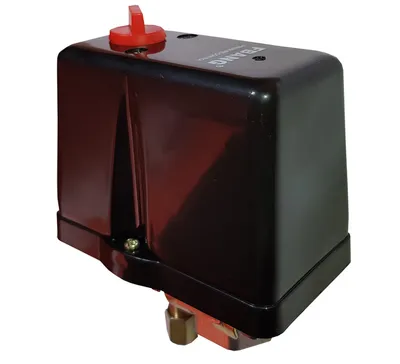 A black pressure switch with a red adjustment knob is shown against a white background.