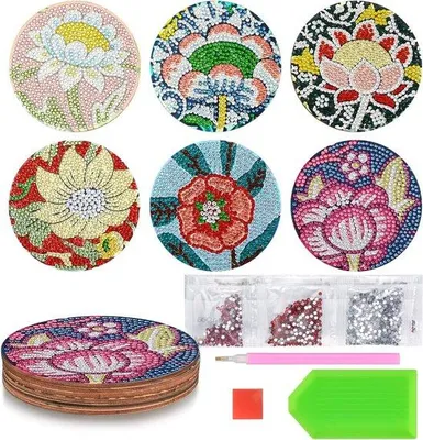 Produktbild von 6 Stück Kunst- und Handwerksmaler mit runden Diamant-Untersetzer, Mandala-Muster, für Erwachsene