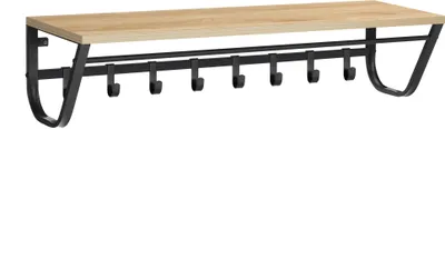 Produktbild von Wandregal mit Garderobenhaken, Kleiderstange zur Wandmontage im Skandinavischen Design, Flurgarderoben Set aus Vintage Eiche Holz mit Metall, Maße 90 x 20 x 30 CM